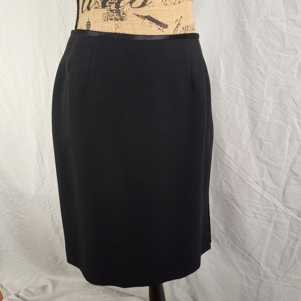 Vintage 90 KASPER ASL Petite Size 6 Black Silk‎ Satin Trim Side Slit Lined Skirt